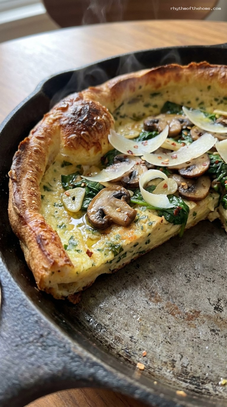 Savory Parmesan Herb Dutch Baby With Mushrooms and Spinach – Closeup