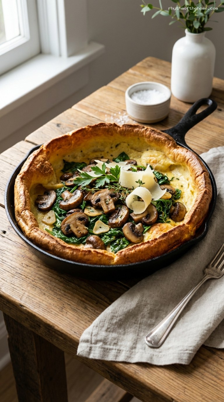 Savory Parmesan Herb Dutch Baby With Mushrooms and Spinach
