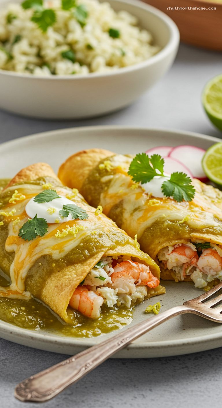 Seafood Enchiladas Verdes with Shrimp and Crab – Closeup