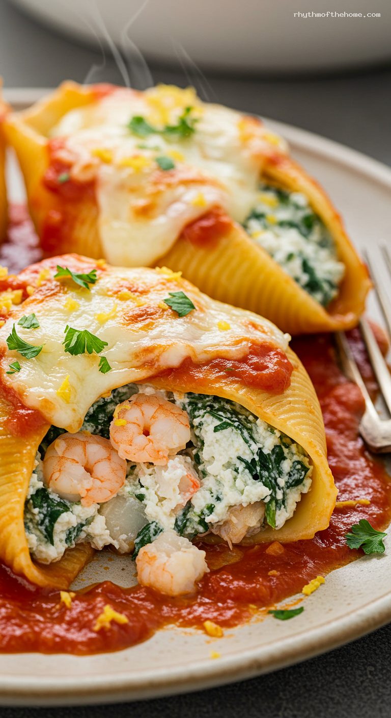 Seafood Stuffed Shells with Shrimp, Crab, and Spinach – Closeup
