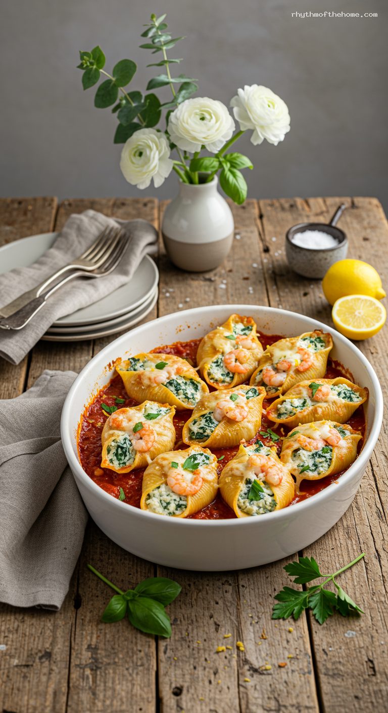 Seafood Stuffed Shells with Shrimp, Crab, and Spinach