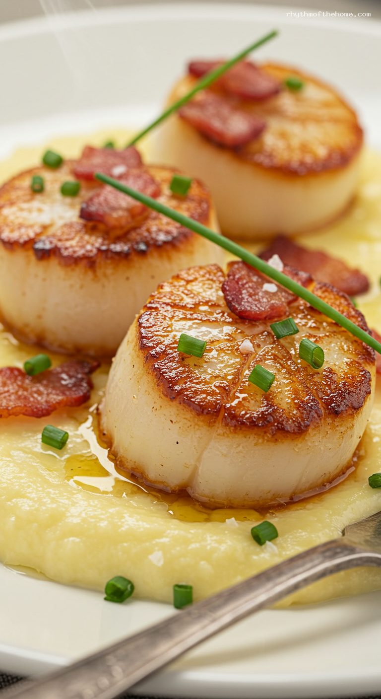 Seared Scallops with Sweet Corn Purée and Bacon – Closeup