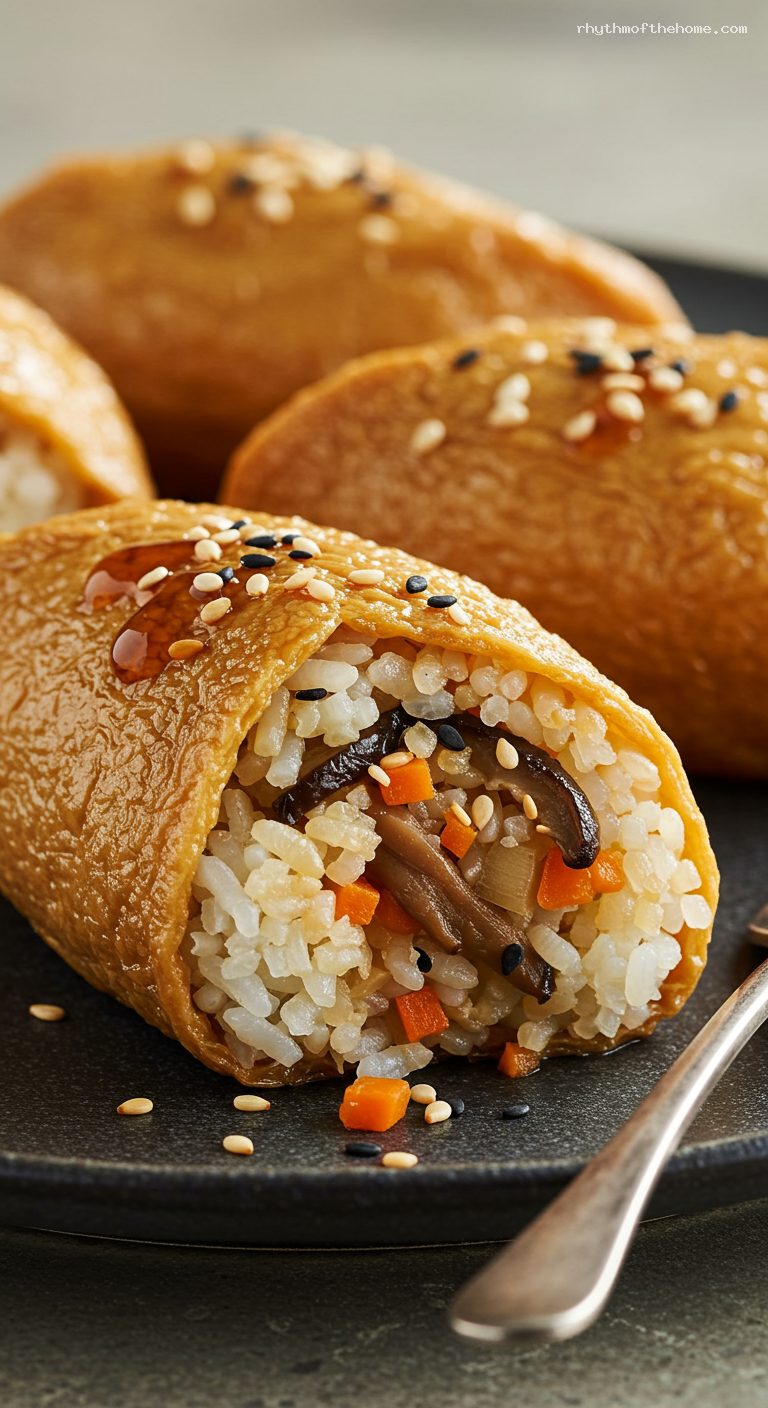 Sesame Inari Sushi with Sweet Tofu Pouches – Closeup