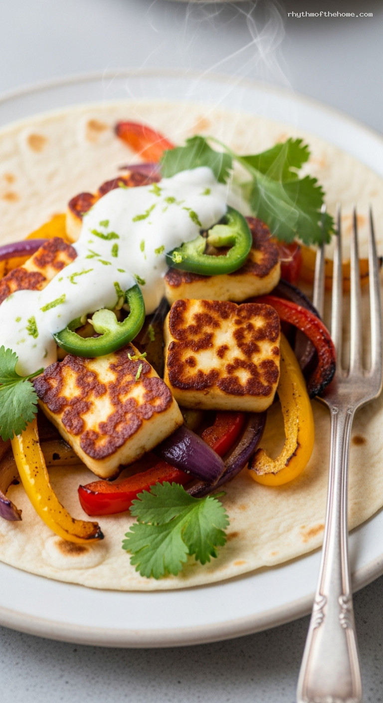 Sheet-Pan Halloumi Fajitas with Lime Crema – Closeup