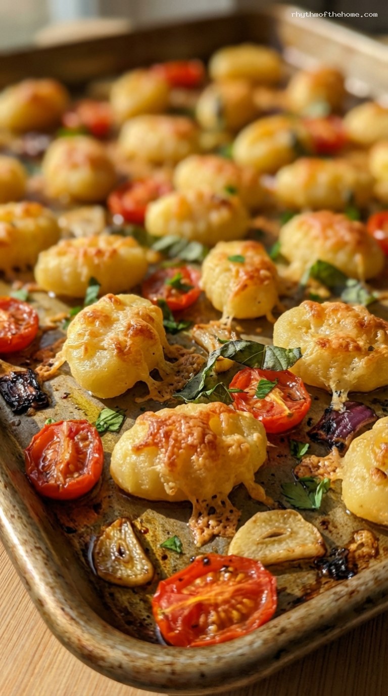 Sheet Pan Parmesan Gnocchi With Roasted Tomatoes and Herbs – Closeup