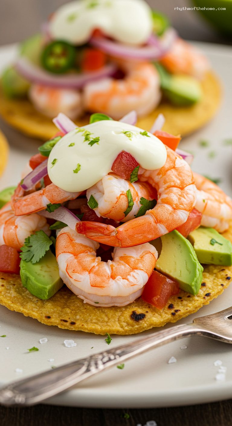Shrimp Ceviche Tostadas with Lime Crema – Closeup