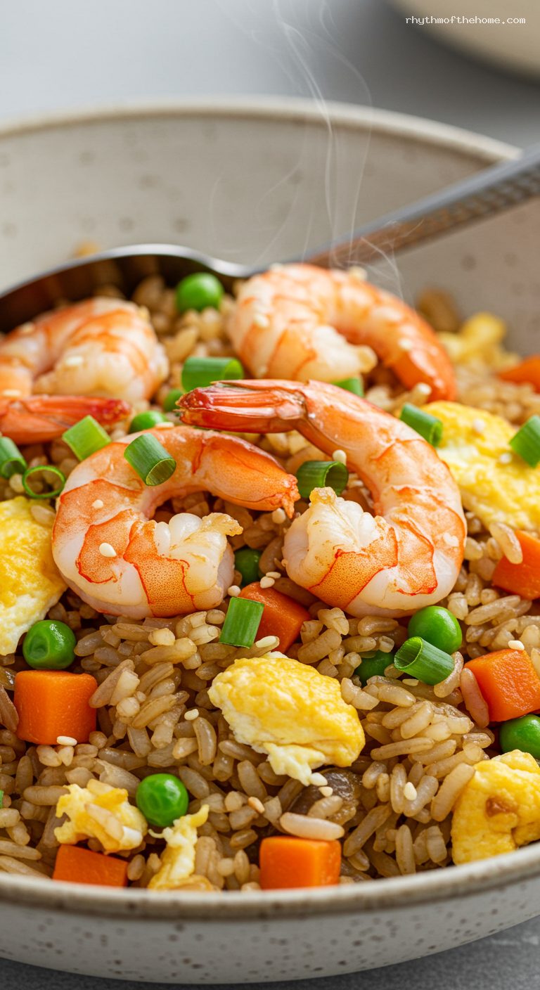 Shrimp Fried Rice with Egg and Scallions – Closeup