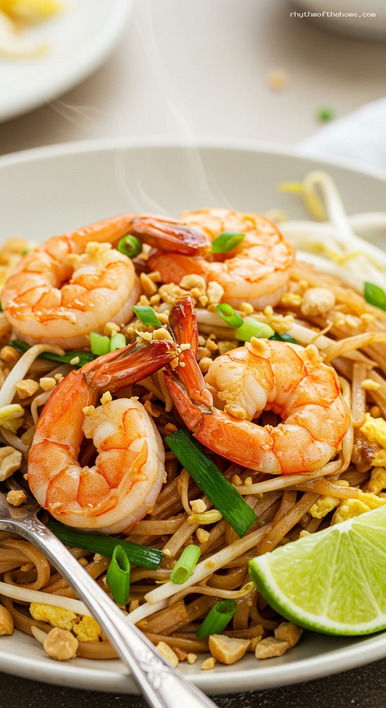 Shrimp Pad Thai with Tamarind and Peanuts – Closeup