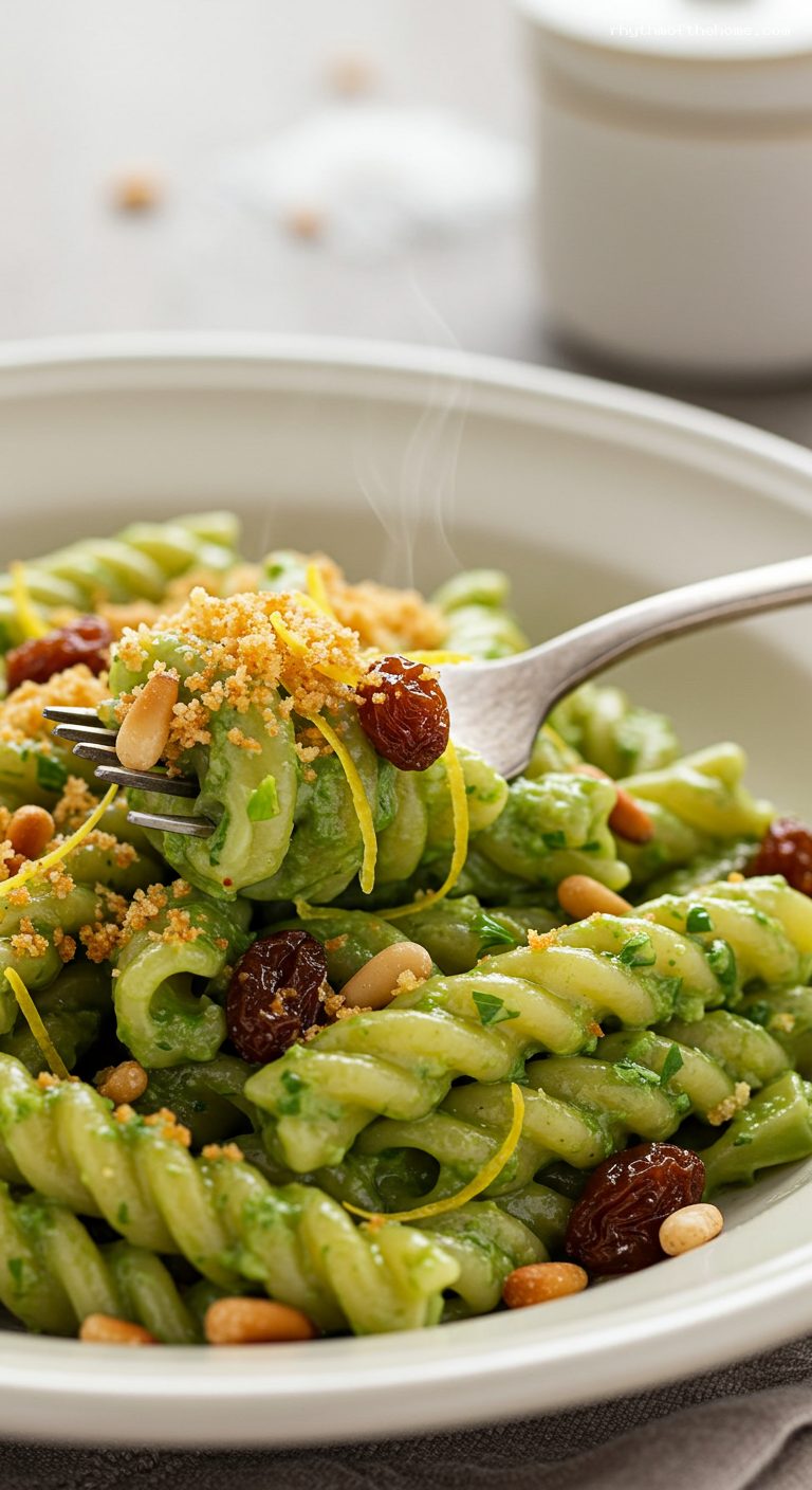 Sicilian Pasta con i Broccoli with Anchovy Breadcrumbs – Closeup