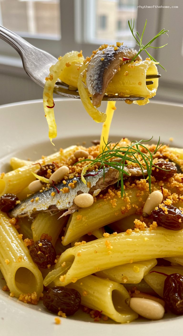 Sicilian Pasta con le Sarde with Toasted Breadcrumbs – Closeup