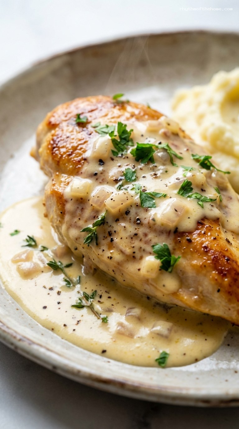 Skillet Chicken with Creamy Dijon White Wine Sauce – Closeup