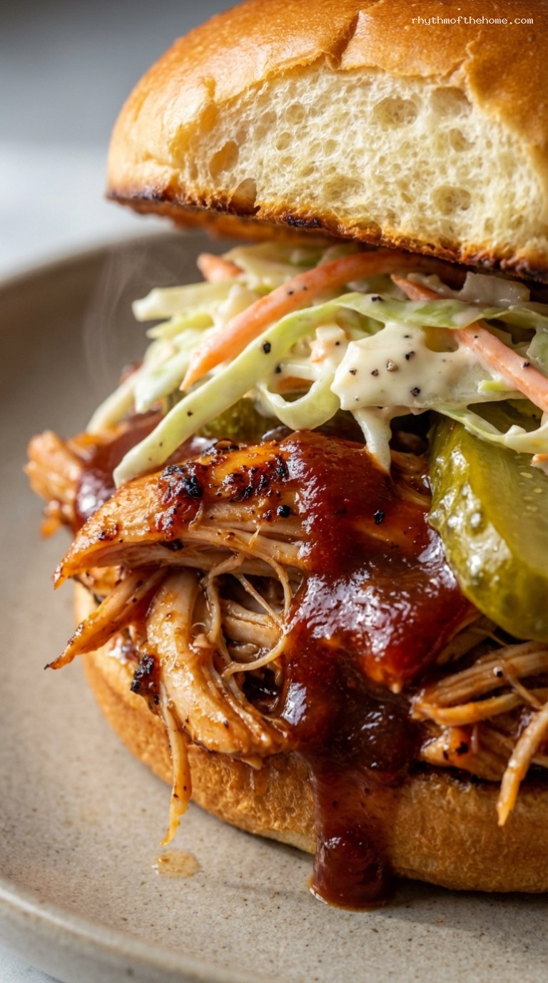 Slow Cooker BBQ Pulled Chicken Sandwiches with Slaw – Closeup