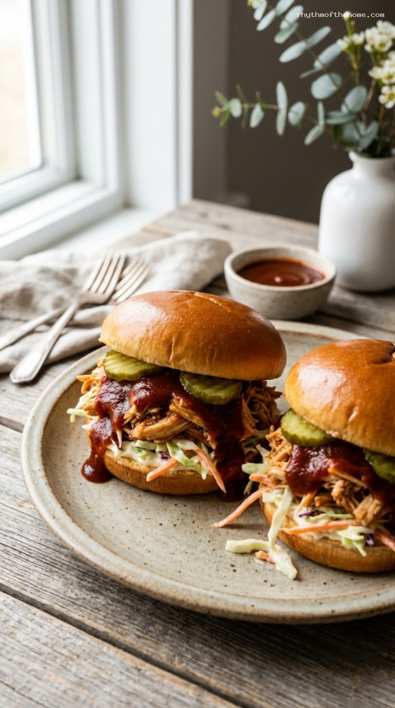 Slow Cooker BBQ Pulled Chicken Sandwiches with Slaw