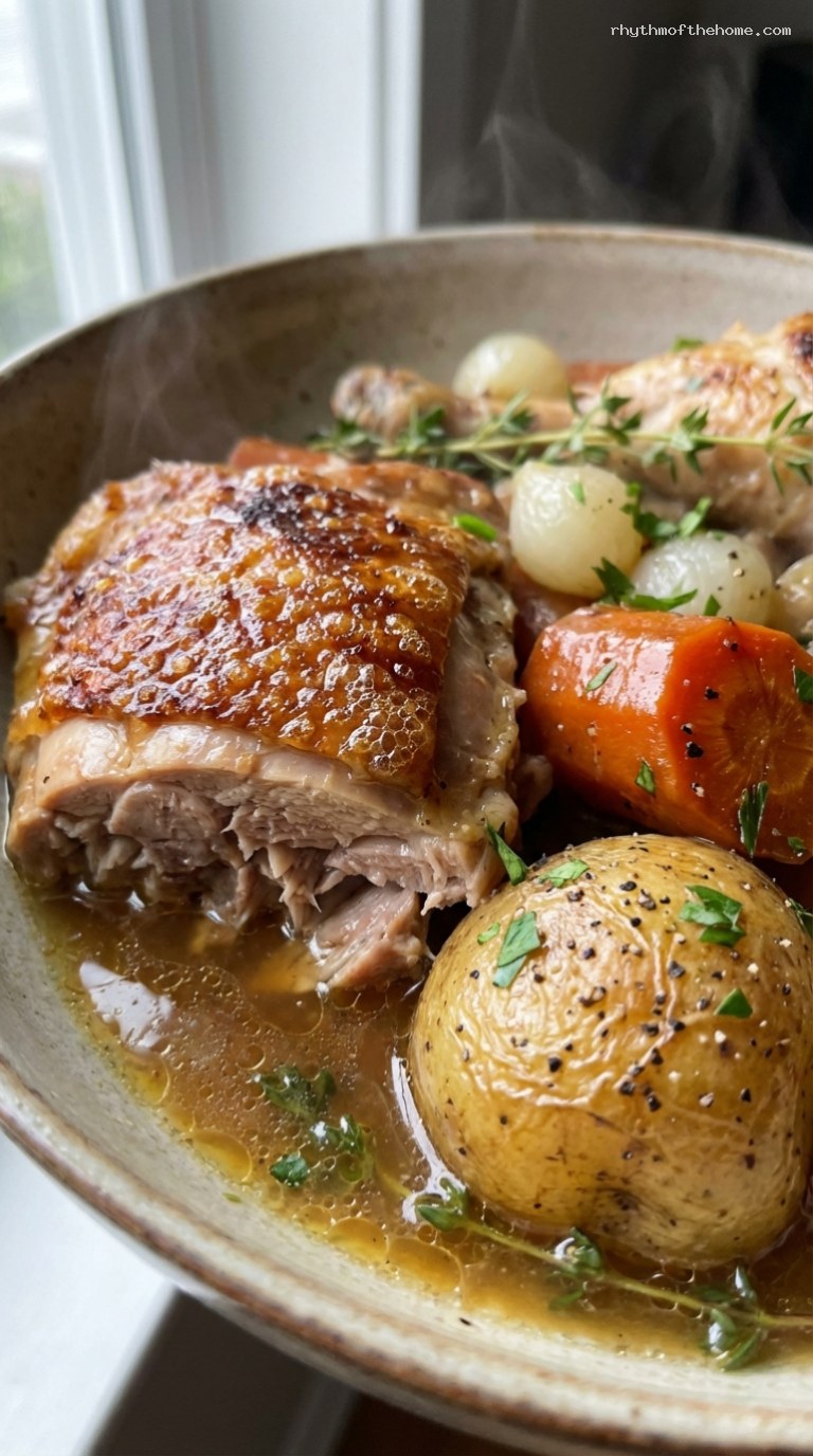 Slow-Roasted Chicken Pot Roast With Vegetables and Herbs – Closeup