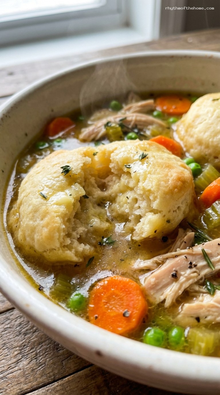 Slow-Simmered Chicken and Dumplings With Herb Broth – Closeup
