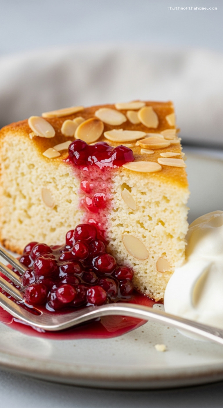 Småland Ostkaka with Almond, Berry Jam, and Cream – Closeup