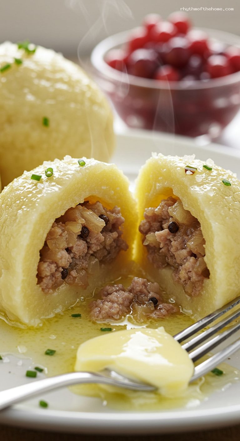 Småland Potato Dumplings with Pork and Lingonberries – Closeup