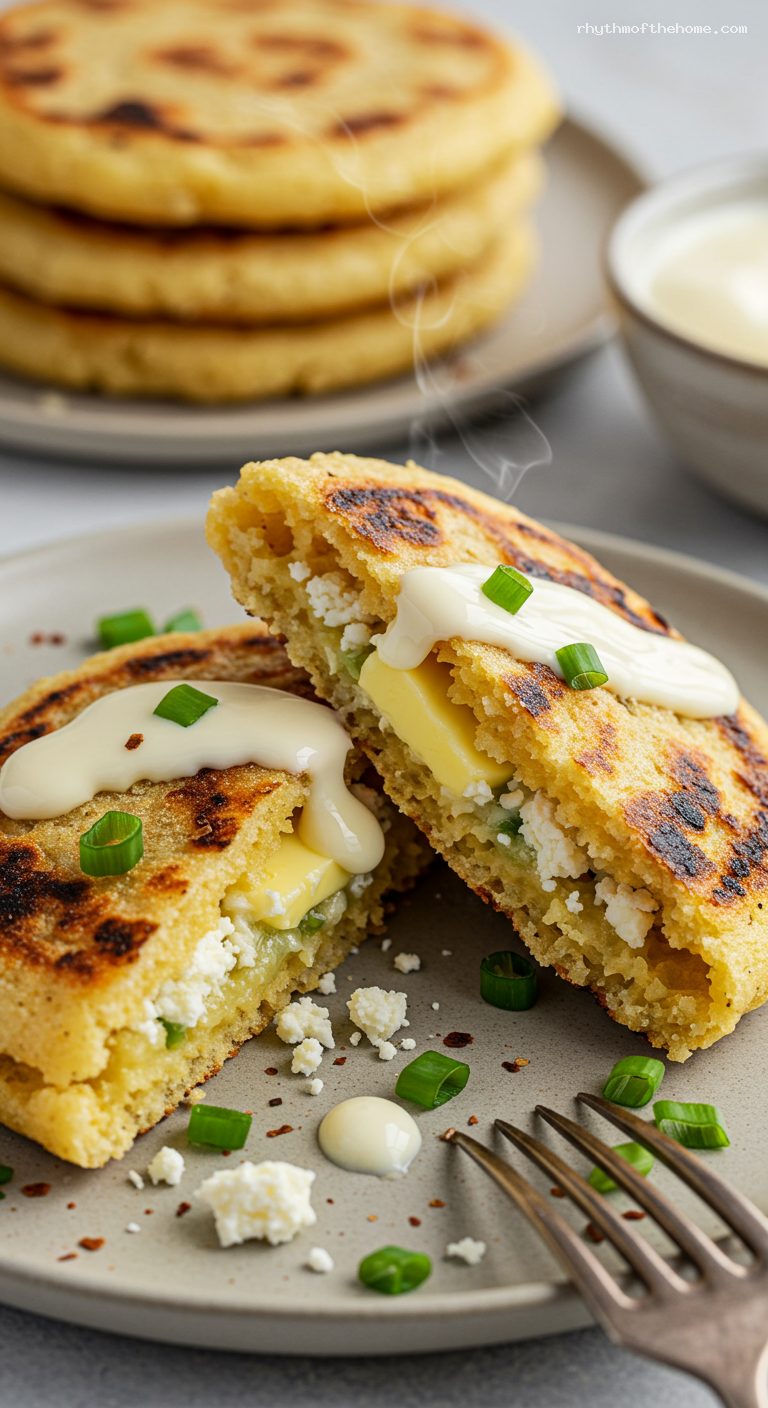 Smoky Arepa de Mote with Queso Costeño and Suero – Closeup