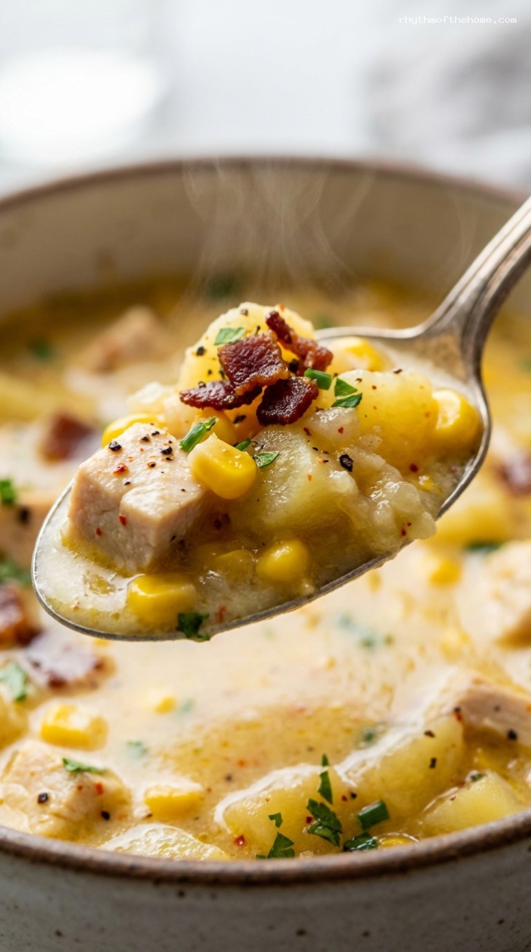 Smoky Chicken and Corn Chowder with Bacon – Closeup
