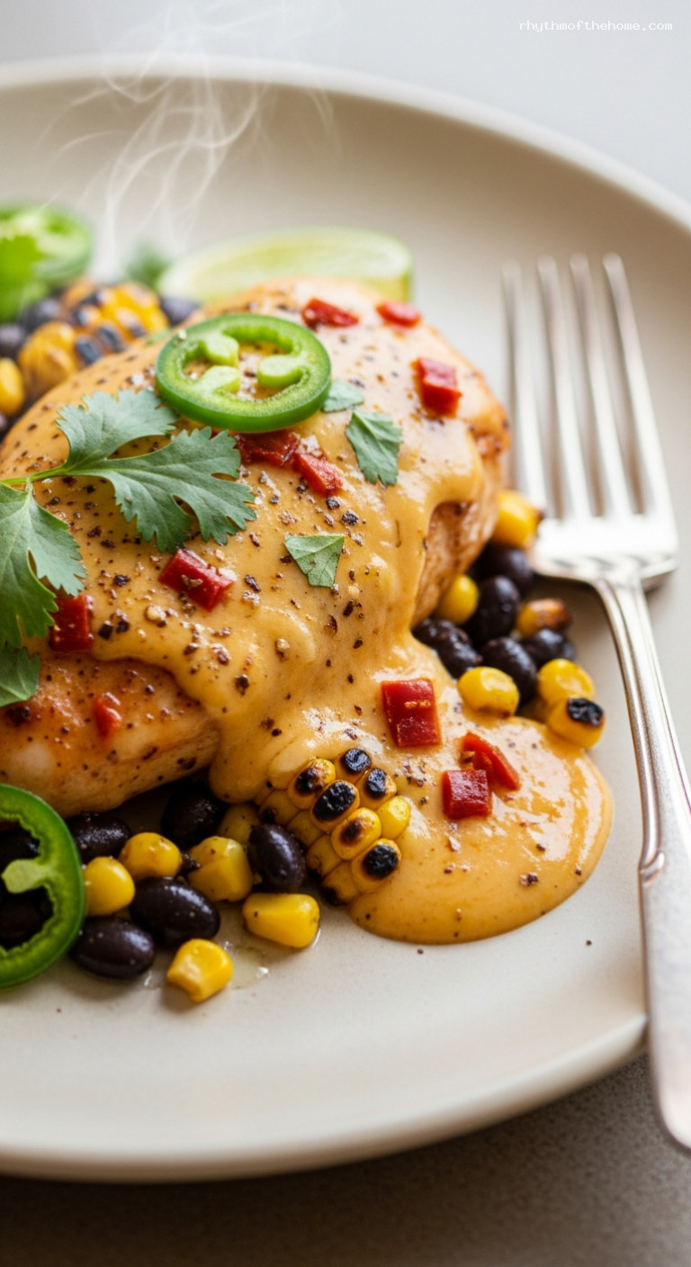 Smoky Chipotle Queso Baked Chicken with Corn and Beans – Closeup