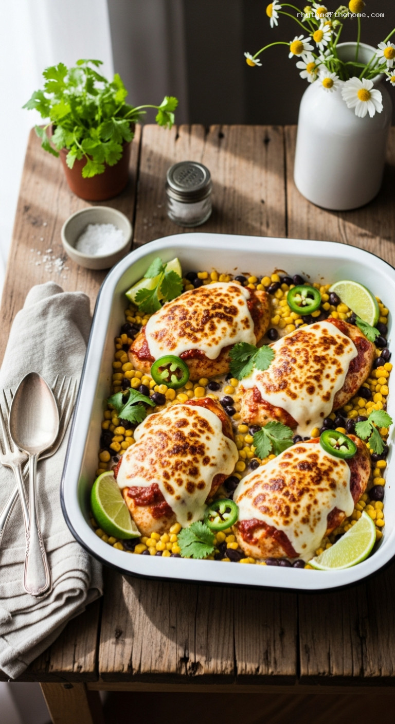 Smoky Chipotle Queso Baked Chicken with Corn and Beans