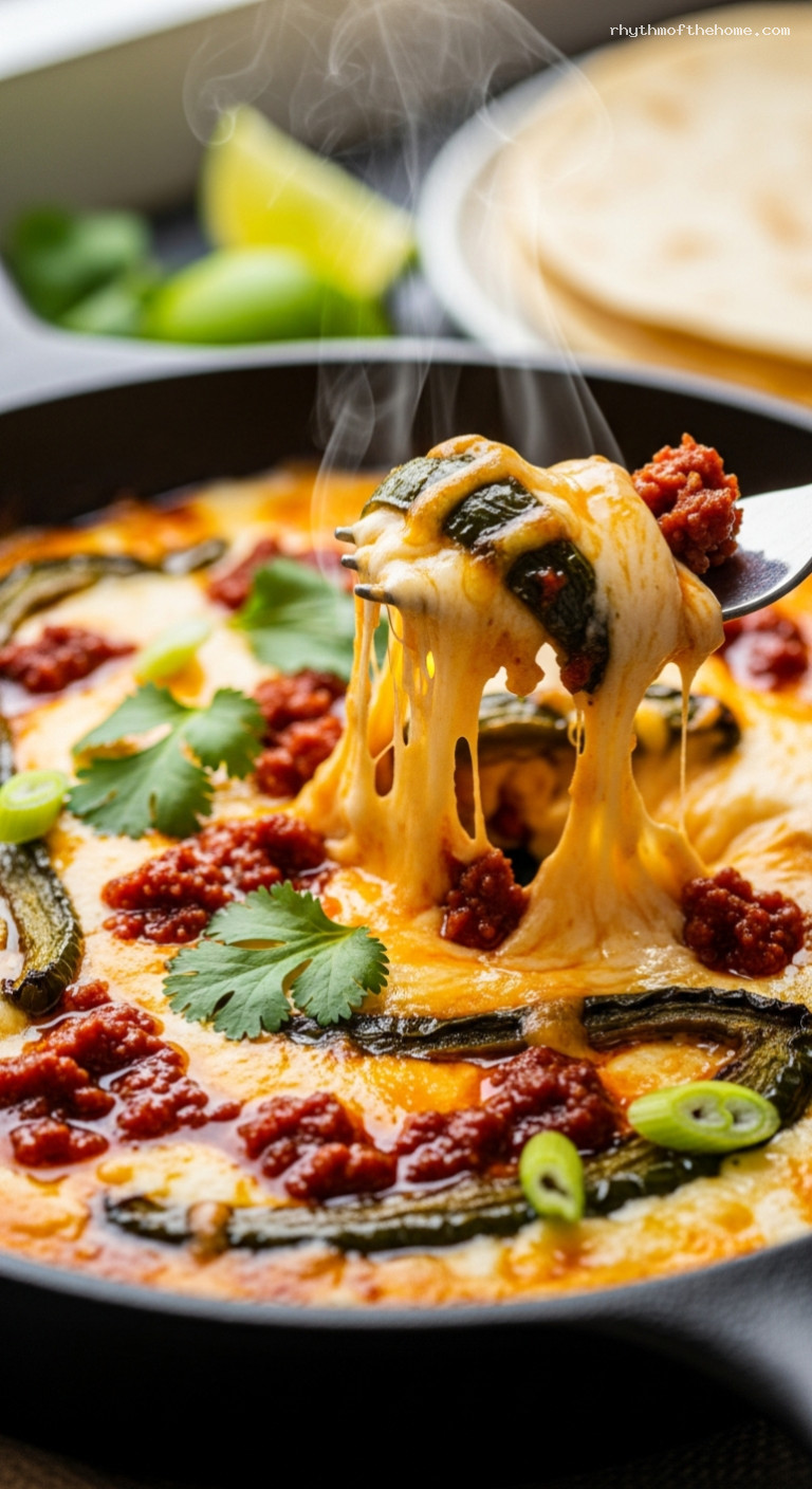 Smoky Queso Fundido with Poblanos and Chorizo – Closeup
