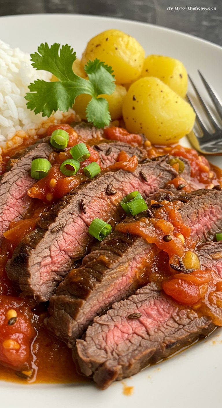 Sobrebarriga a la Criolla with Hogao and Potatoes – Closeup