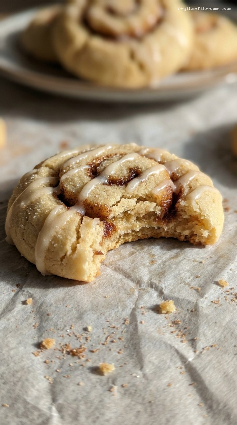 Soft Cinnamon Roll Cookies with Vanilla Icing Drizzle – Closeup