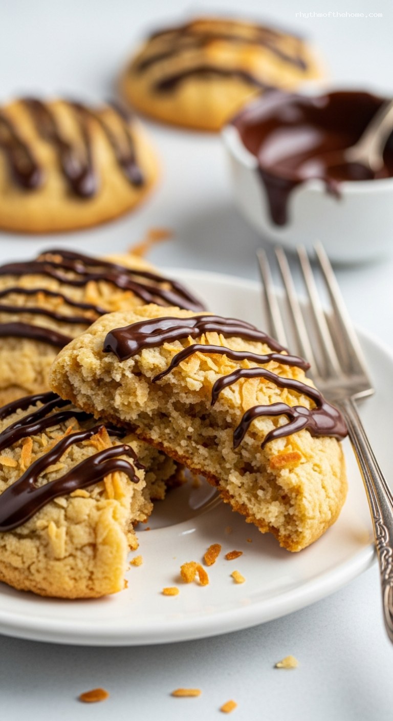 Soft Coconut Cookies with Dark Chocolate Drizzle – Closeup
