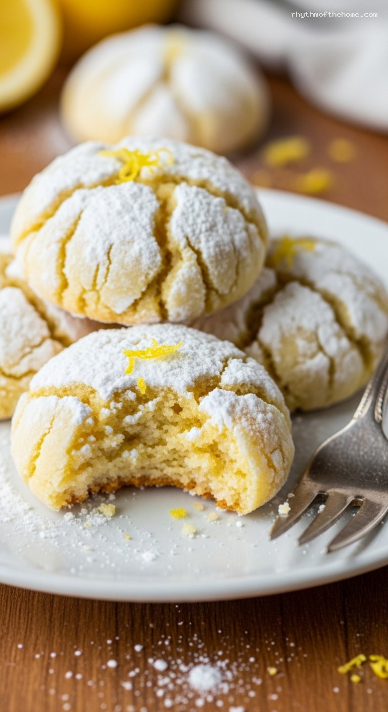 Soft Lemon Crinkle Cookies with Powdered Sugar – Closeup