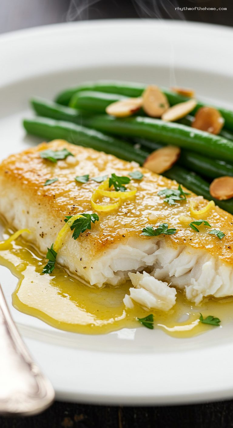 Sole Meunière with Lemon-Parsley Brown Butter and Almondine Green Beans – Closeup