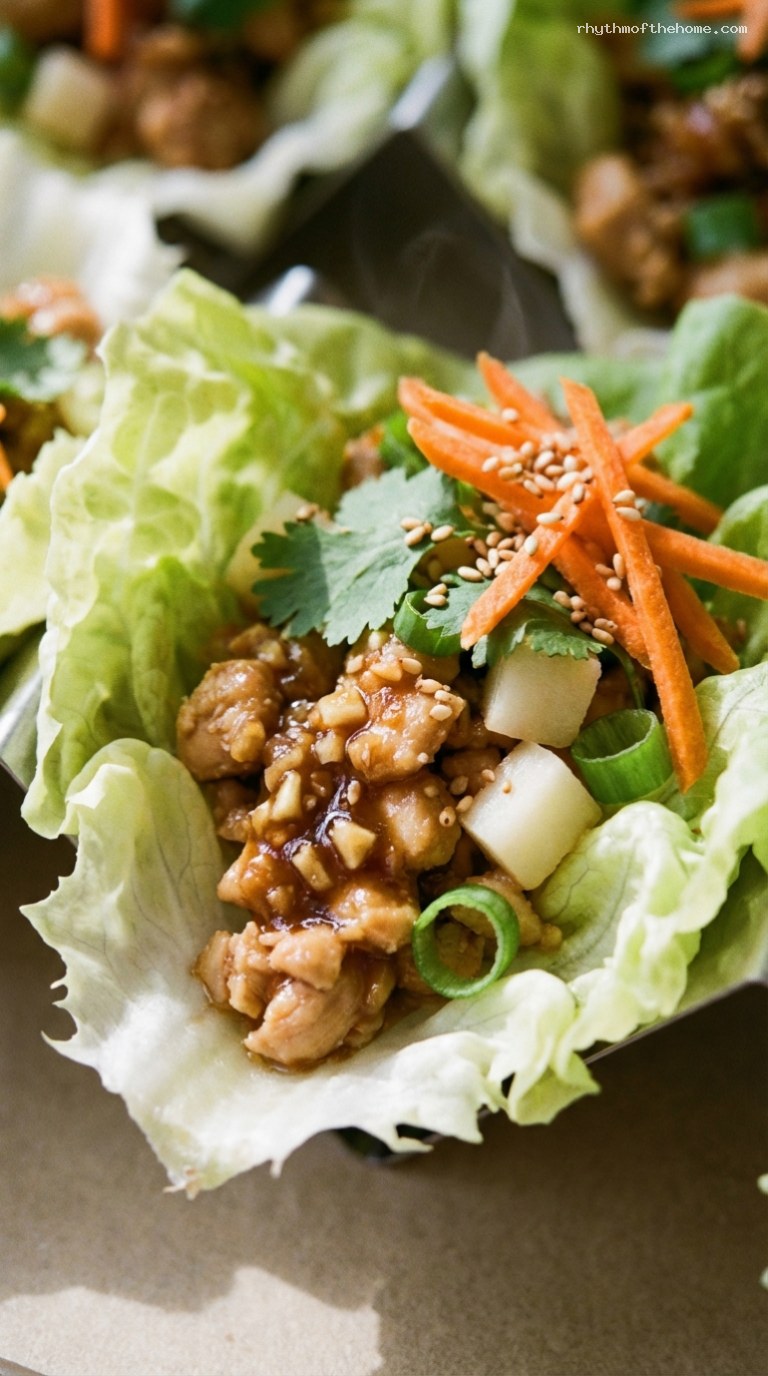 Soy-Ginger Chicken Lettuce Wraps With Water Chestnuts – Closeup