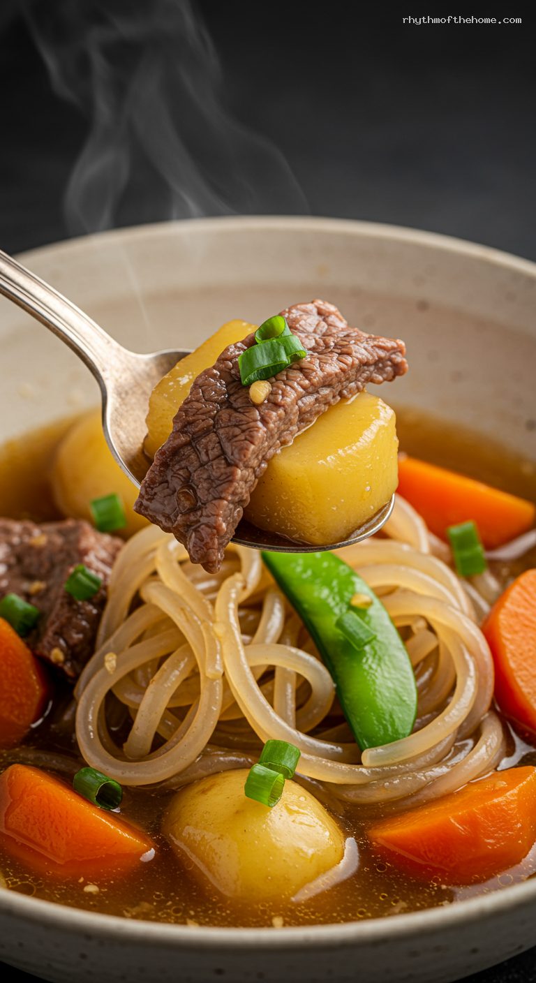 Soy-Sweet Nikujaga Stew with Beef and Potatoes – Closeup