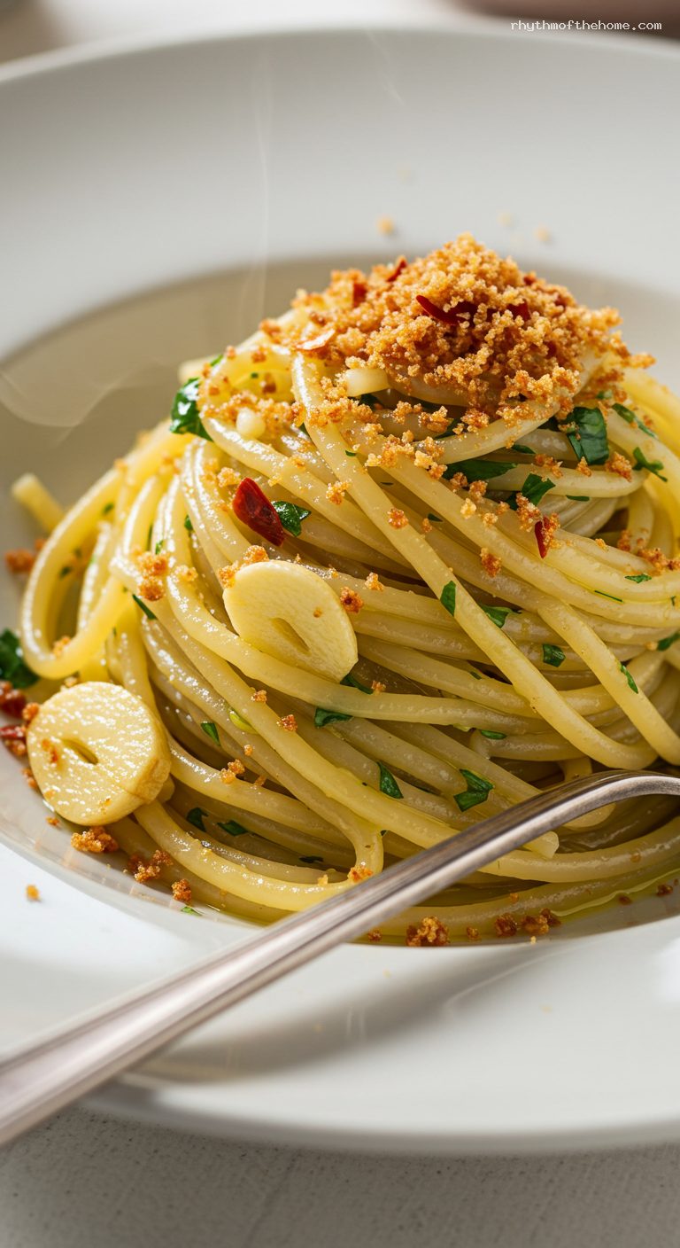 Spaghetti Aglio e Olio with Garlic and Chili – Closeup