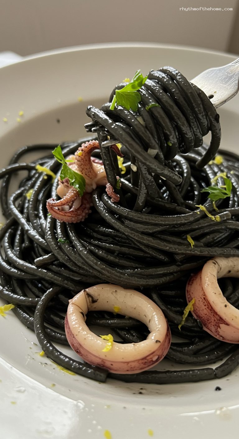 Spaghetti al Nero di Seppia with Squid Ink Sauce – Closeup