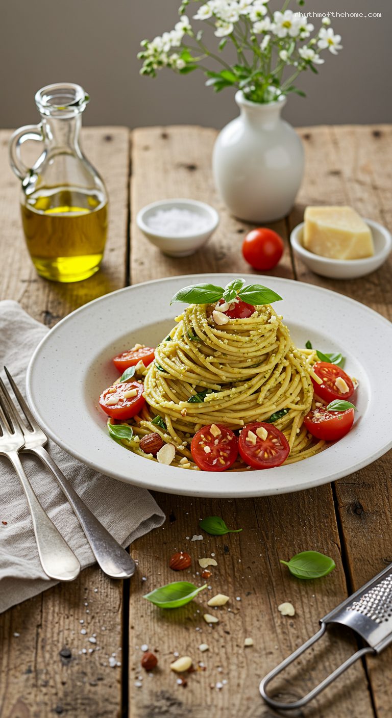 Spaghetti al Pesto Trapanese with Cherry Tomatoes and Almonds