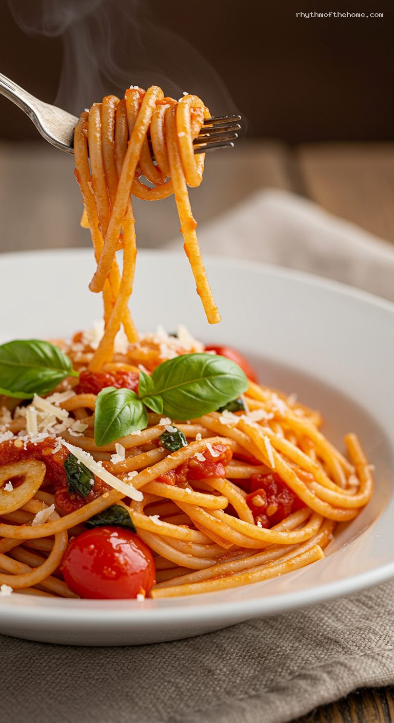 Spaghetti al Pomodoro with Garlic, Basil, and Butter – Closeup