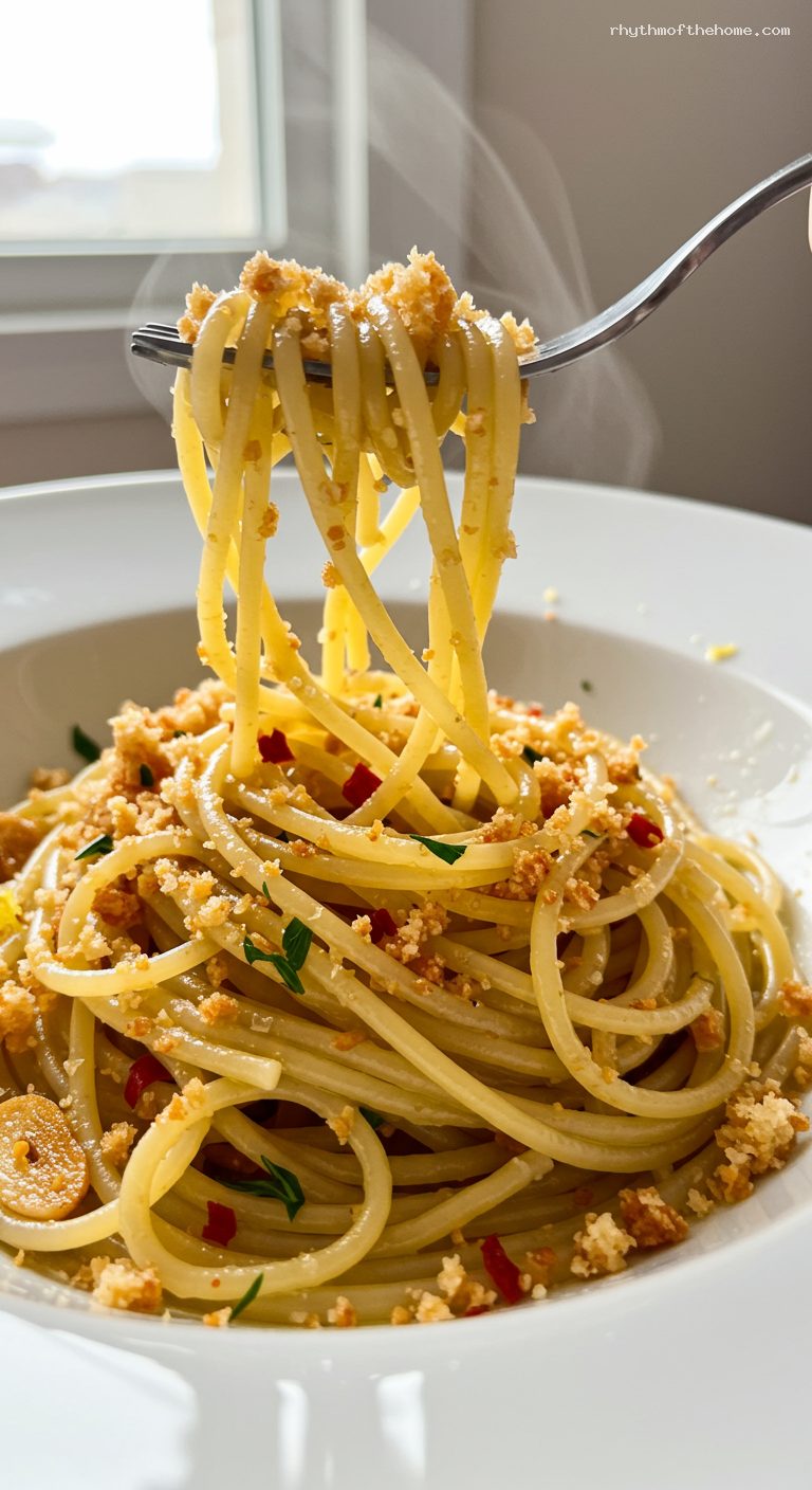 Spaghetti alla Muddica with Crispy Breadcrumbs – Closeup