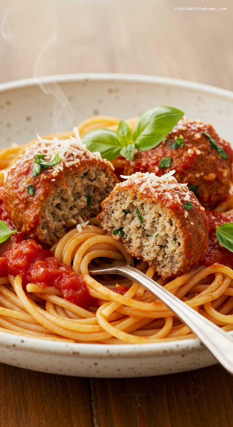 Spaghetti and Meatballs with Basil Marinara and Parmesan – Closeup