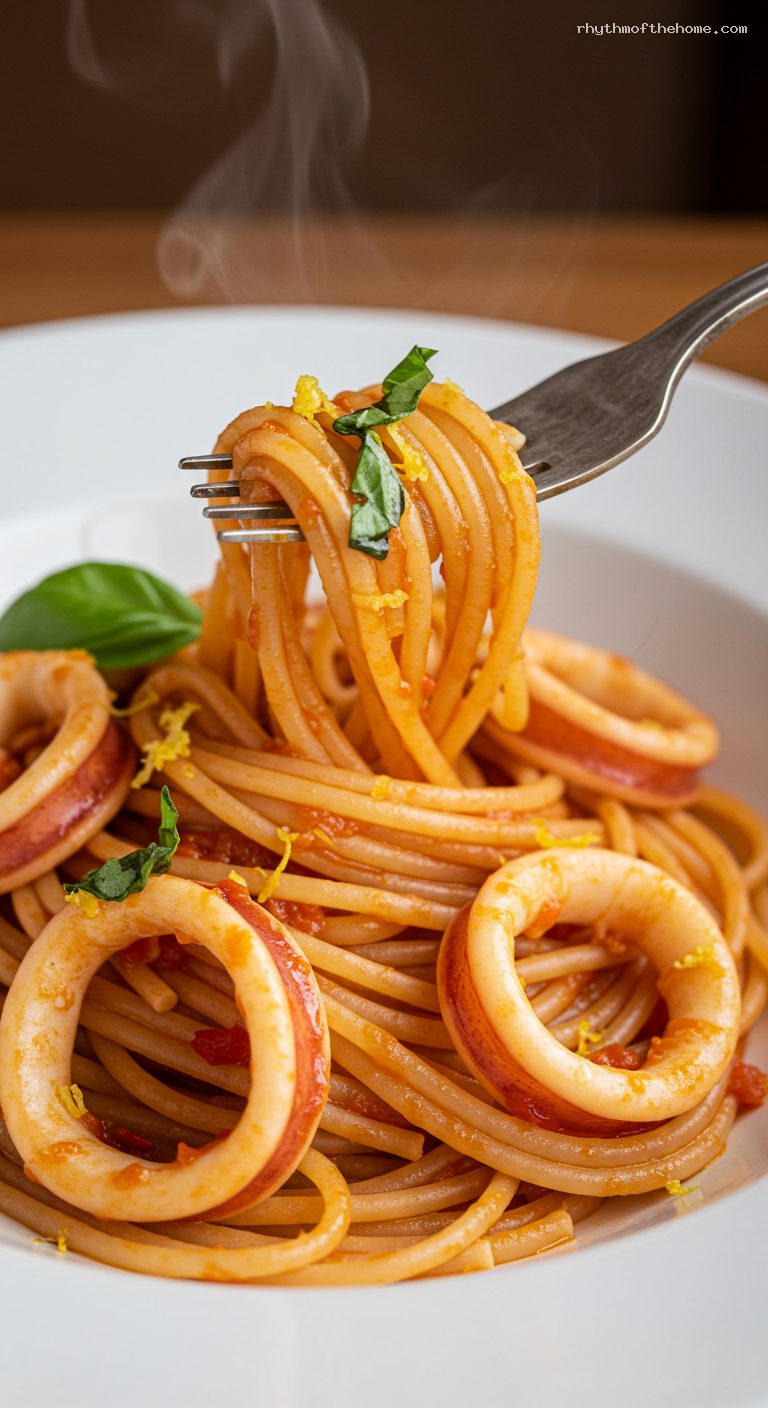 Spicy Calamari Fra Diavolo with Spaghetti – Closeup