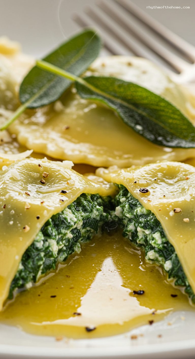 Spinach and Ricotta Ravioli with Sage Brown Butter – Closeup