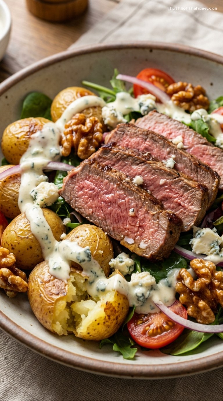Steak Salad Bowl with Roasted Potatoes and Blue Cheese – Closeup