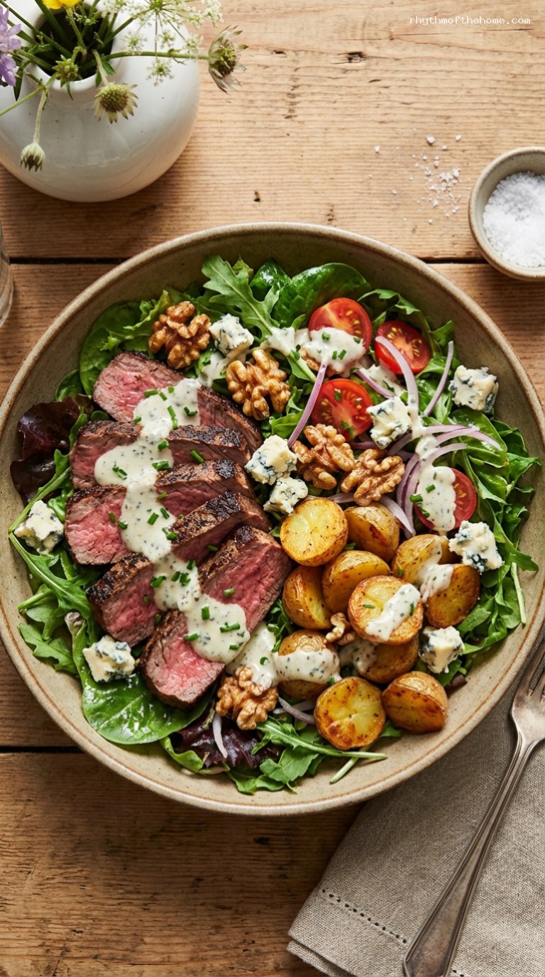 Steak Salad Bowl with Roasted Potatoes and Blue Cheese