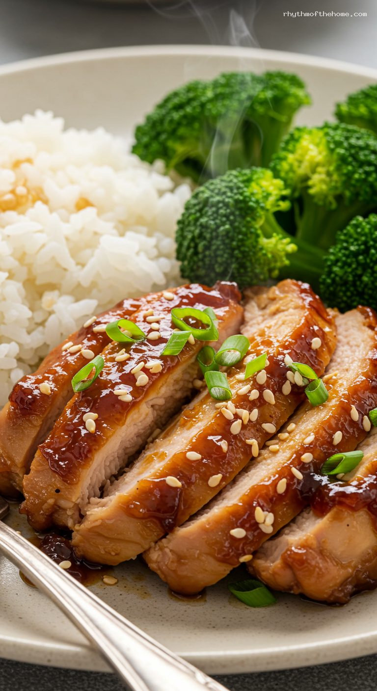 Sticky Teriyaki Chicken Thighs with Rice and Broccoli – Closeup