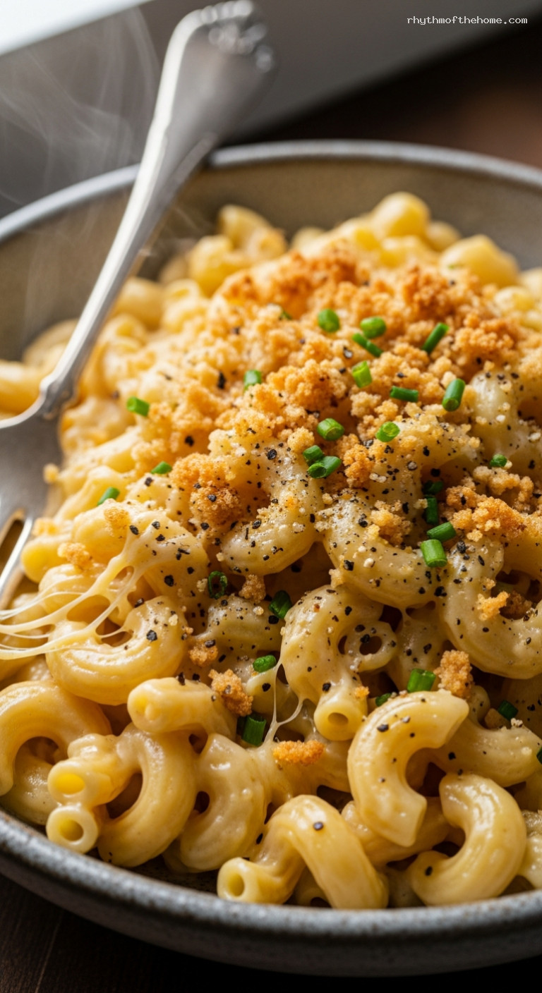 Stovetop Four-Cheese Mac and Cheese with Crispy Breadcrumbs – Closeup