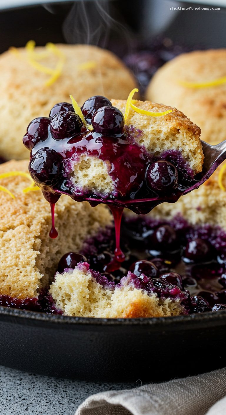 Stovetop Wild Blueberry Grunt with Buttermilk Biscuits – Closeup