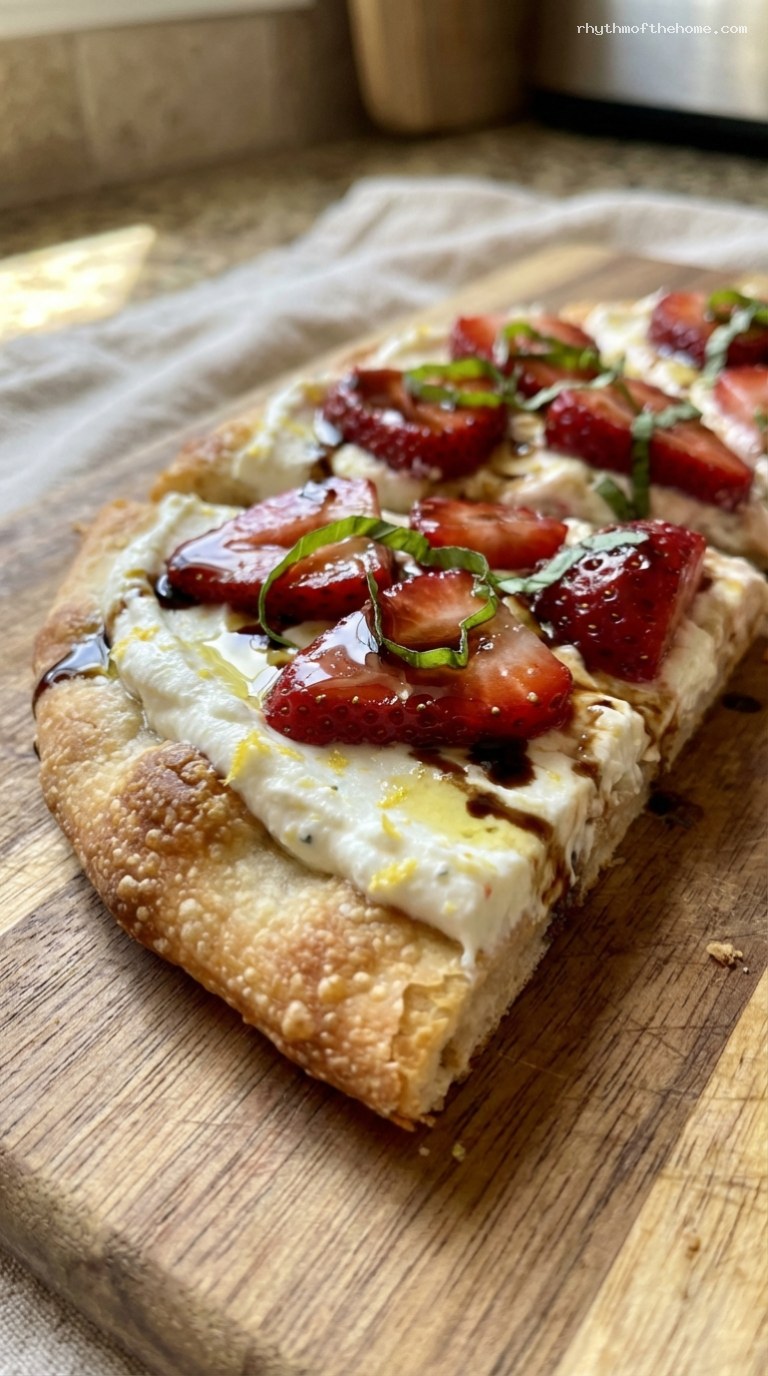 Strawberry Balsamic Goat Cheese Flatbread with Fresh Basil – Closeup