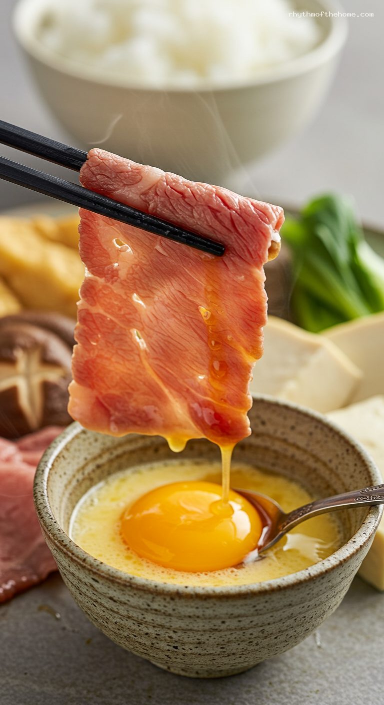 Sukiyaki with Beef, Tofu, and Winter Greens – Closeup
