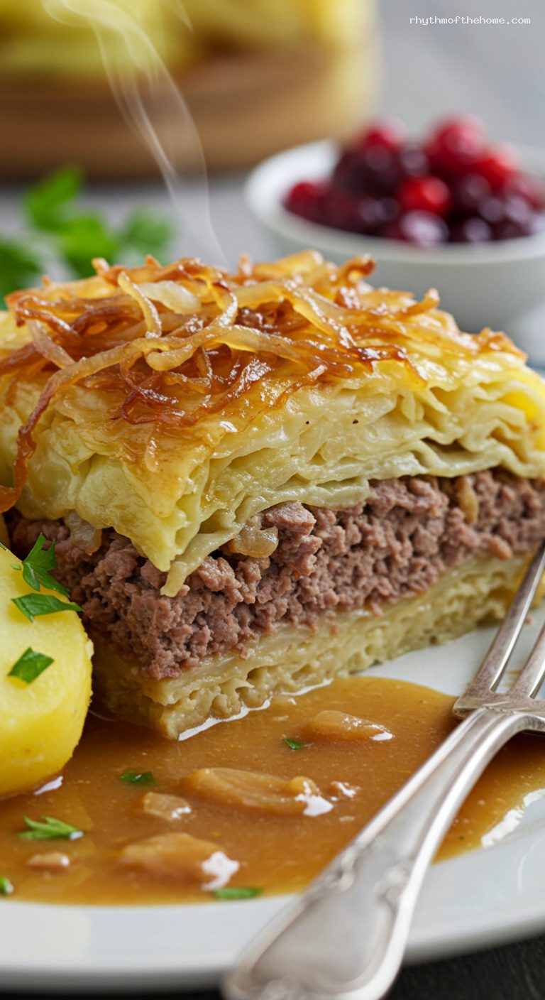 Swedish Kålpudding with Caramelized Cabbage and Gravy – Closeup