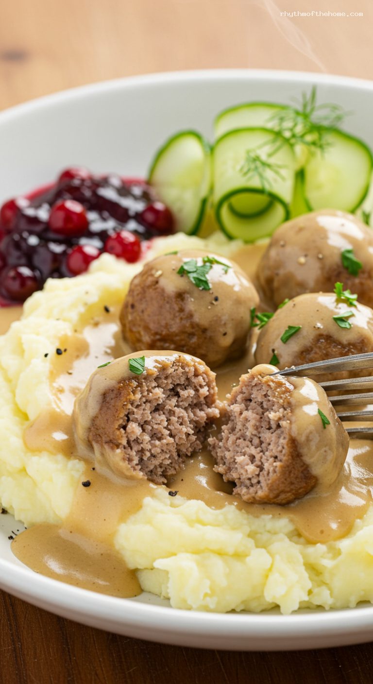 Swedish Meatballs with Creamy Gravy and Lingonberry Jam – Closeup